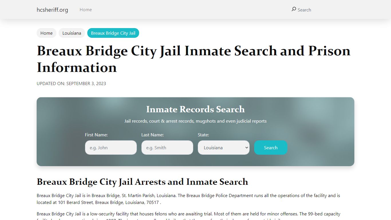 Breaux Bridge City Jail Inmate Search and Prison Information